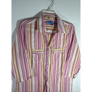 Fresh Produce Womens Large Pink Yellow Stripe Cotton Collared 3/4 Roll Tab Shirt
